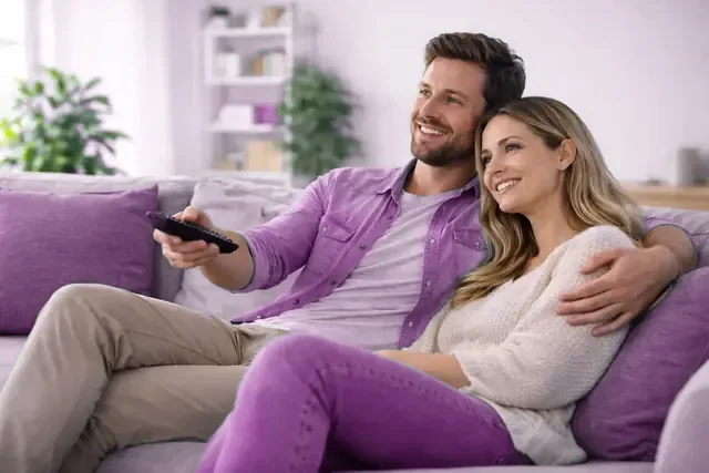 A couple on a sofa, remote in hand, deciding what to watch