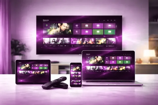 A wall television, laptop, tablet and phone on a table, each showing the same channel menu