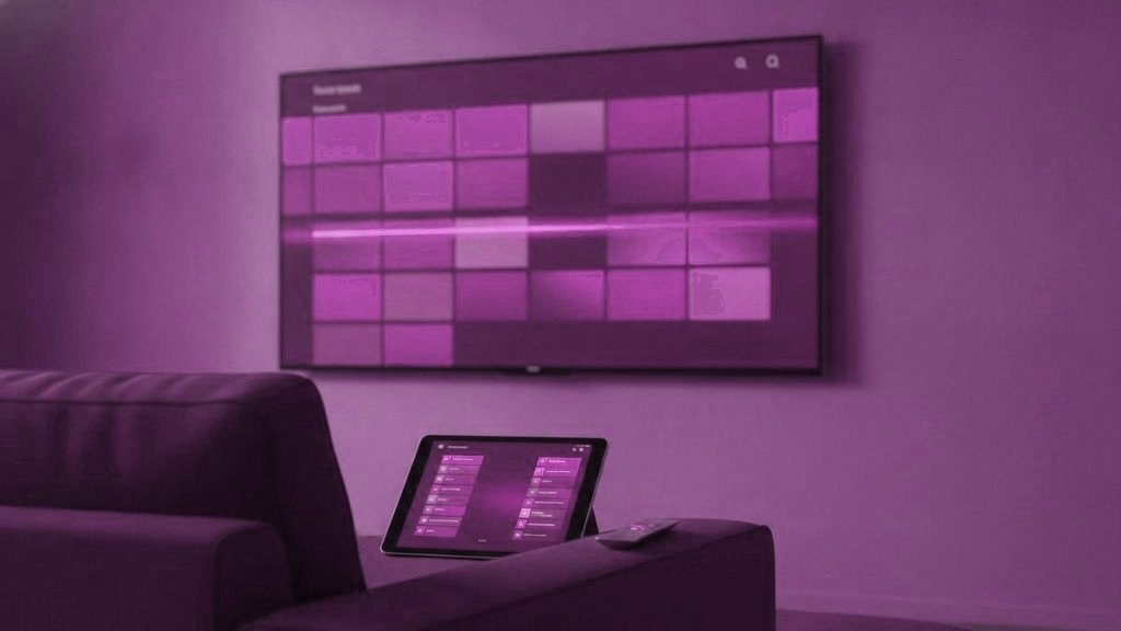 A TV showing a programme guide grid with a tablet and phone showing channel lists on a sofa