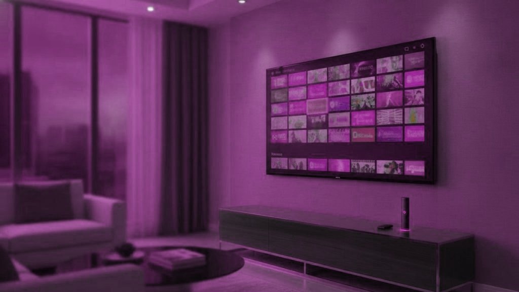 A living-room TV showing an IPTV channel guide with a streaming stick on the console